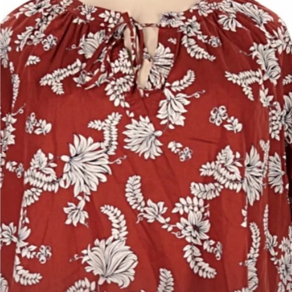 Lane Bryant Sz 22 Rust Floral Cotton Classic Raglan Elbow Sleeve Tie Neck Top - Picture 10 of 10